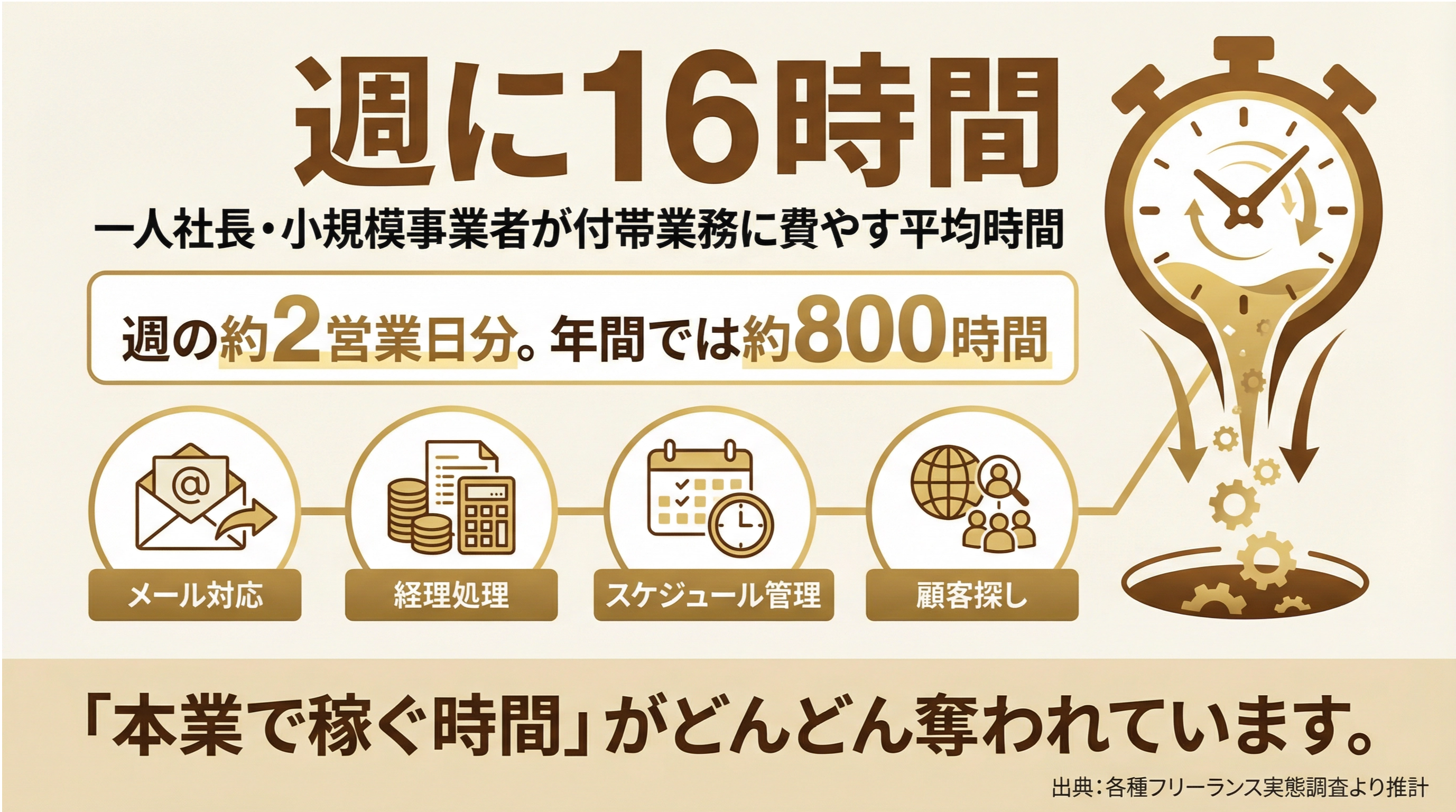 週16時間 - 一人社長が付帯業務に費やす平均時間